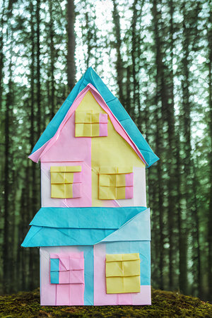 Paper house in the forest. Toy house in the forest. The concept of real estate.の写真素材
