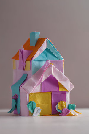 Paper house made of colorful origami paper on a white background.の写真素材