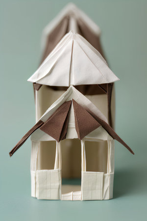 Paper house made of recycled paper on blue background. Eco friendly concept.の写真素材