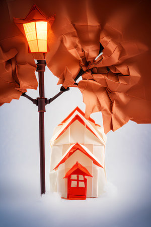 Paper house and lantern in the snow. Conceptual image of housewarmingの写真素材