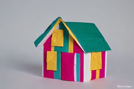 House made of colored paper with envelopes on a gray background.の写真素材