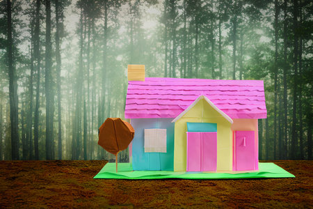 House model in the forest with foggy background. 3d renderingの写真素材