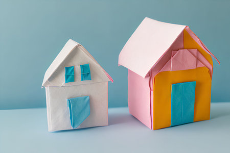 Paper house with colorful envelopes on blue background. Copy space.の写真素材