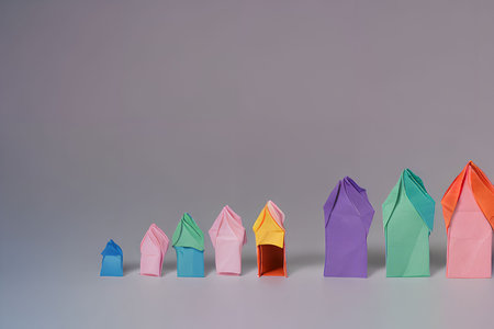 Colorful origami houses on grey background. Concept of leadership and success.の写真素材