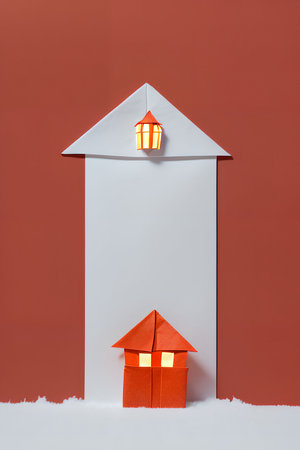 Paper house with light bulbs on a red background. Christmas and new year concept.の写真素材
