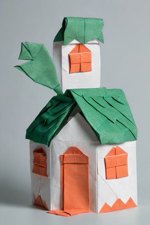 Paper origami house on grey background. Paper crafts for children.の写真素材
