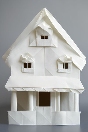 Paper model of a house on a gray background, close-upの写真素材