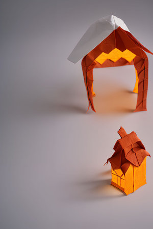 Paper origami of a house on a gray background. The concept of real estate and housing.の写真素材