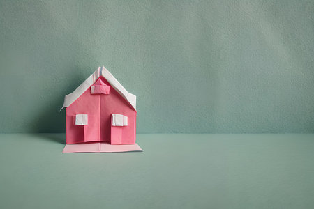 Paper house model on green background. Real estate and property concept.の写真素材