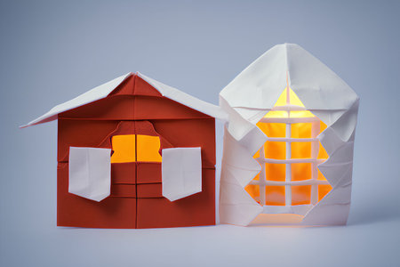 Paper origami house and red house on a gray background. The concept of real estate.の写真素材