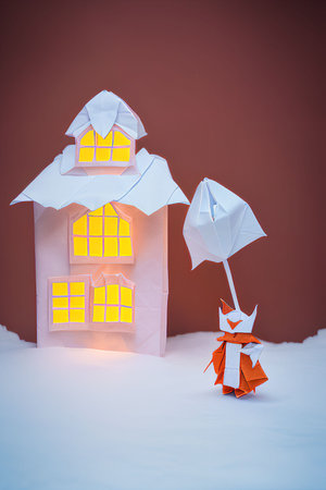 Paper house and origami bird in the snow. Christmas decoration.の写真素材