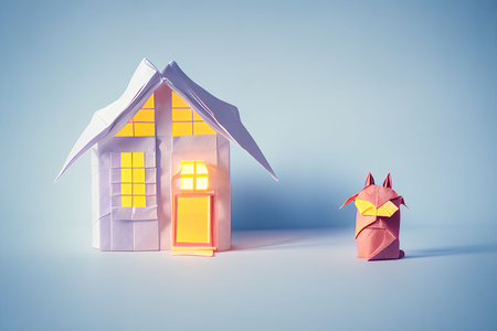 Paper house and origami bird on blue background. Christmas concept.の写真素材