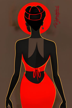Silhouette of a girl in a red swimsuit and hatの写真素材
