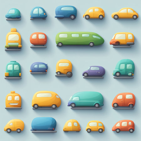 Set of colorful cartoon cars on a gray background. Vector illustration.の写真素材