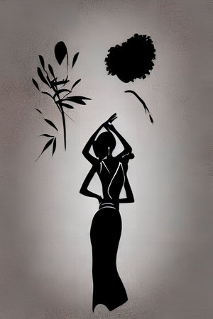 Silhouette of a beautiful woman in a long black dress.の写真素材