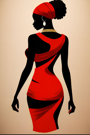Fashion illustration of a beautiful african woman in red dress.の写真素材