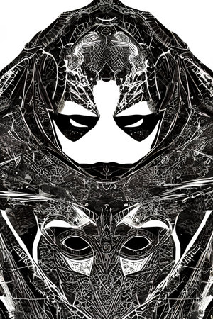 Black and white illustration of a female face in a mystical mask.の写真素材