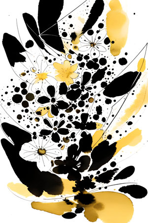 Abstract black and yellow floral background with watercolor splashes and butterfliesの写真素材