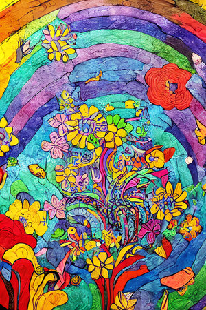 abstract background with flowers and rainbow, hand-drawing on paperの写真素材