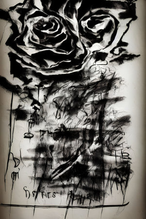 Black and white grunge background with rose and watercolor brush strokesの写真素材
