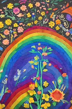 rainbow with flowers and birds on a background of the rainbow, illustrationの写真素材