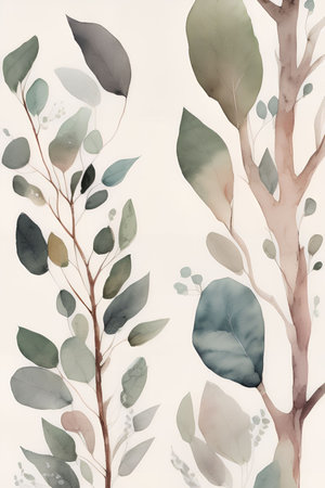 Watercolor floral background with eucalyptus branches and leavesの写真素材