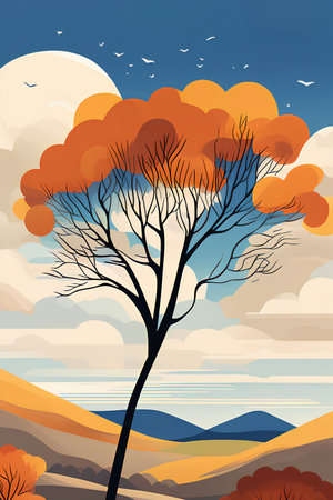 Autumn landscape with a tree, lake and mountains. Vector illustration.の写真素材