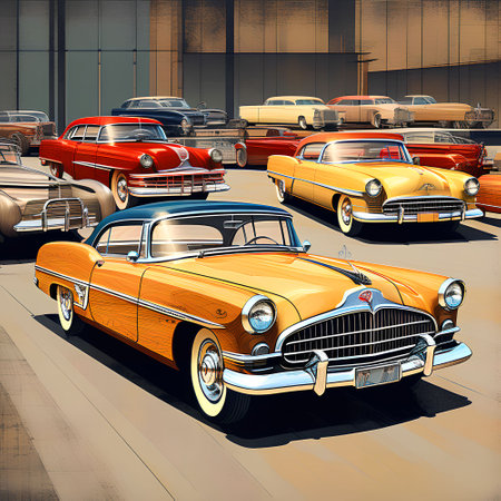 Vintage cars on the background of the exhibition hall. Vector illustration