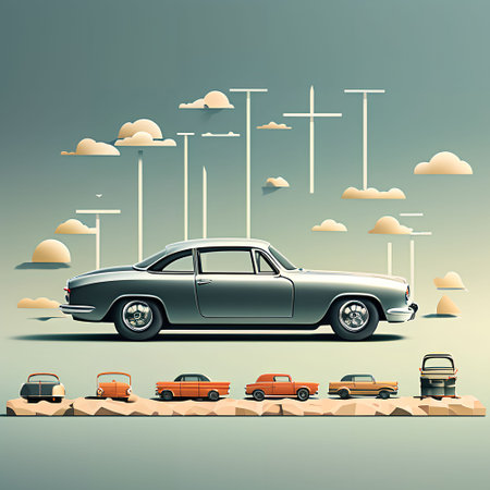 Retro car on the road in the city. Vector illustration.の写真素材