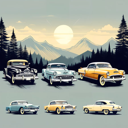 Vintage cars in the mountains. Vector illustration. Vintage style.の写真素材