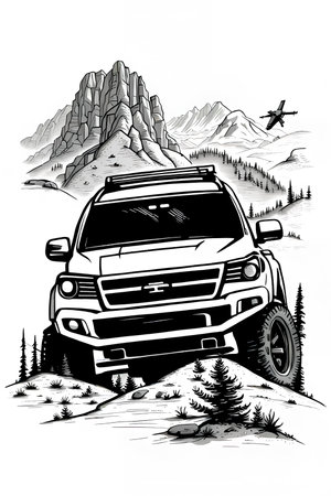 Off-road car in the mountains. Vector illustration of an off-road vehicle.