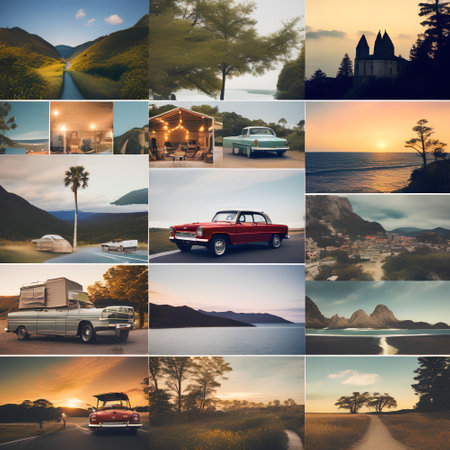 Collage of beautiful landscapes with vintage car. Collage of nature photos.の写真素材
