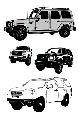 Collection of 4x4 car silhouettes isolated on white background.
