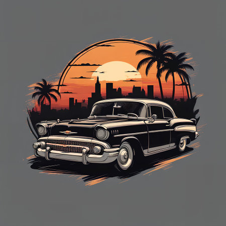 Vintage american car on the background of the sunset. Vector illustration
