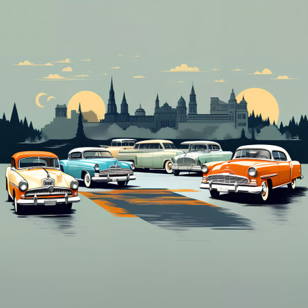 Retro cars on the background of the night city. Vector illustration