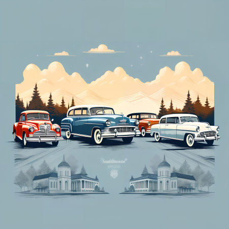 Vector illustration of retro american cars on background of mountains and forestの写真素材