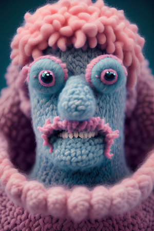 Cute handmade knitted doll with pink wool. Close up.