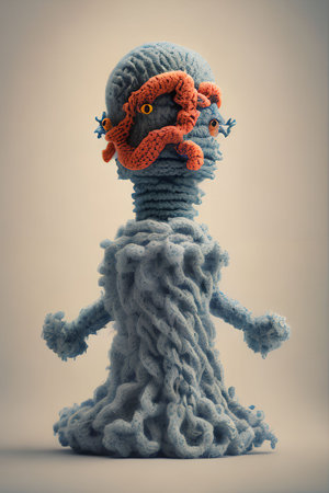 Cute crochet monster on gray background. 3d render illustration.