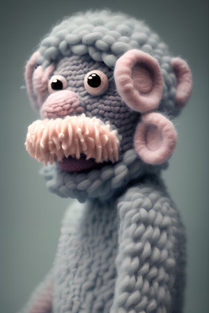 Cute knitted toy monkey on gray background. Toned.