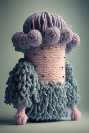 Handmade knitted doll on the gray background. Toned.