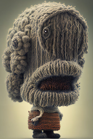 Knitted woolen elephant on a gray background. Toned.