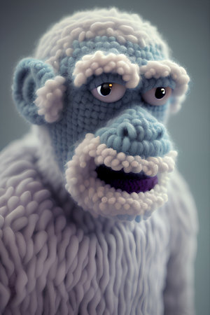 Knitted toy monkey with blue eyes on a gray background. 3d rendering