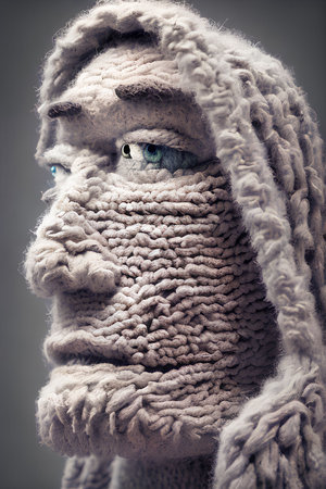 Close-up of the face of a man made of sheep wool