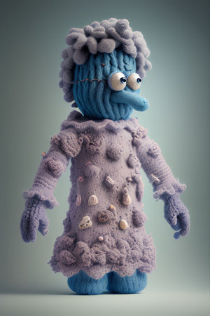 Handmade knitted toy doll on a gray background. Toned.