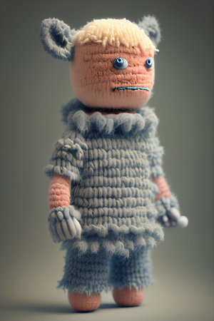 Teddy bear doll in warm knitted clothes on a gray background