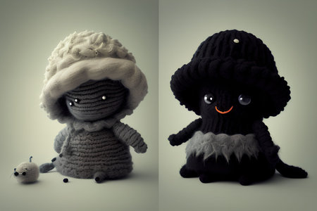 Black and white toy knitted doll in the form of a sheep