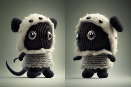 Funny black and white knitted cats with big eyes on a gray background