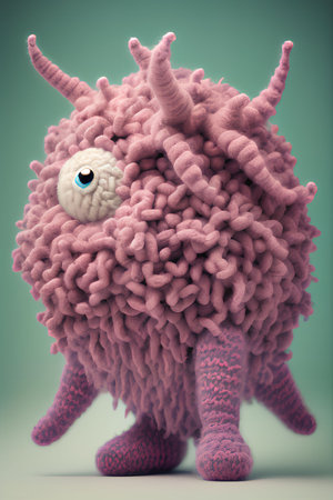 Funny cartoon monster made of pink wool. 3D illustration.