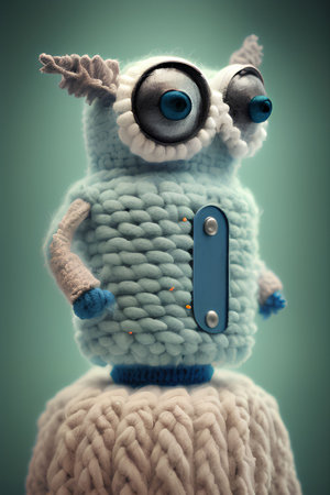 Knitted owl with blue eyes on a green background. Toned.