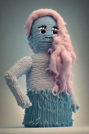 Cute crochet doll with pink wool scarf on gray background. Toned.